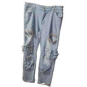 Fashion Rhinestone Fringe Light Blue Cargo Denim Jeans With Distressed Design &